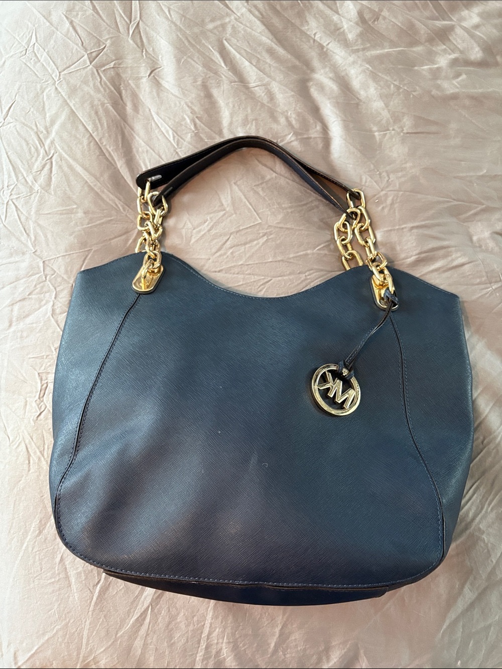 Michael Kors Navy Leather Shoulder Tote with Gold Chain